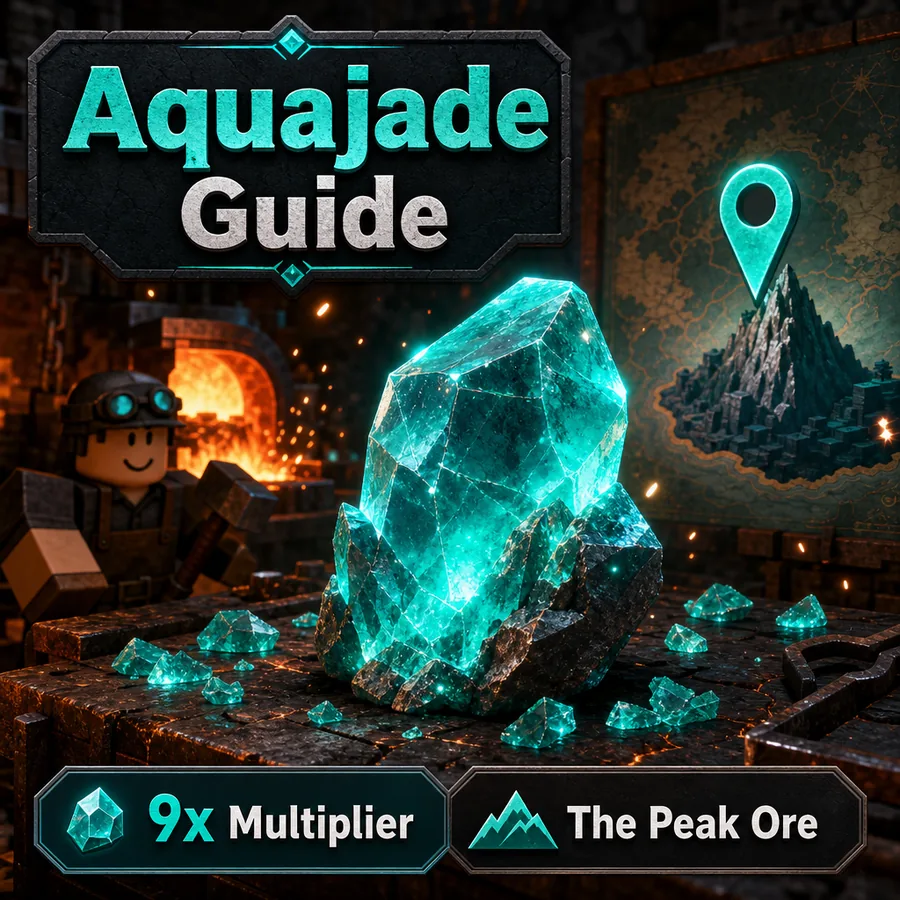 Illustrazione della guida Aquajade con moltiplicatore 9x e contesto di minerale The Peak