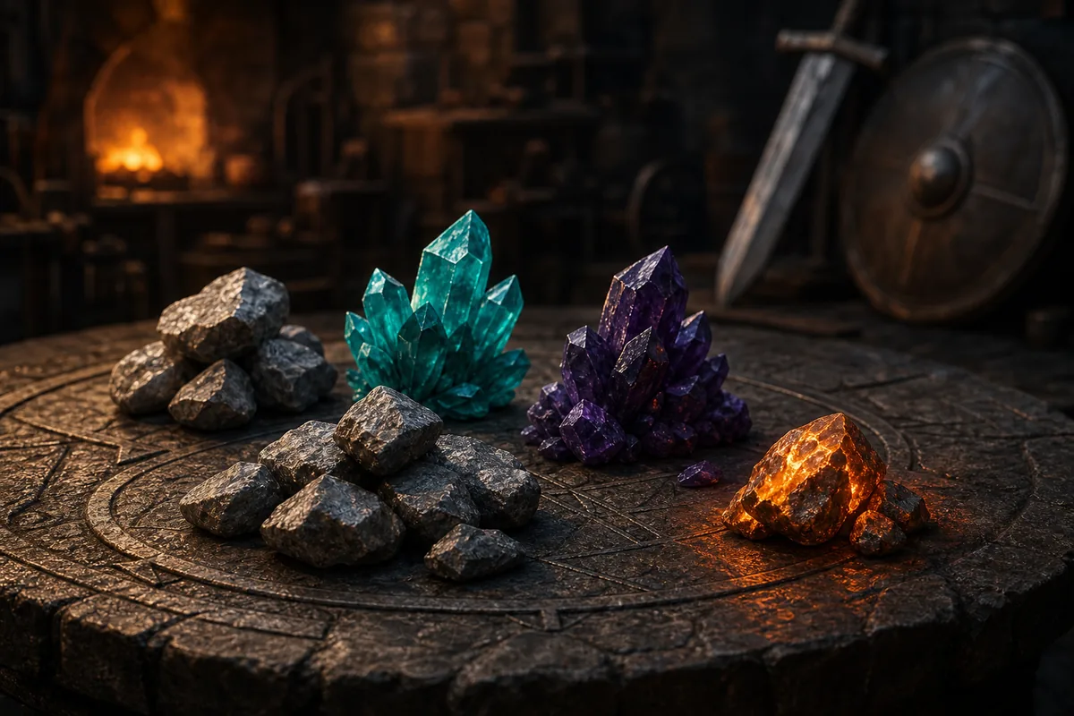 Editorial illustration of balanced ore groups on a forge planning table