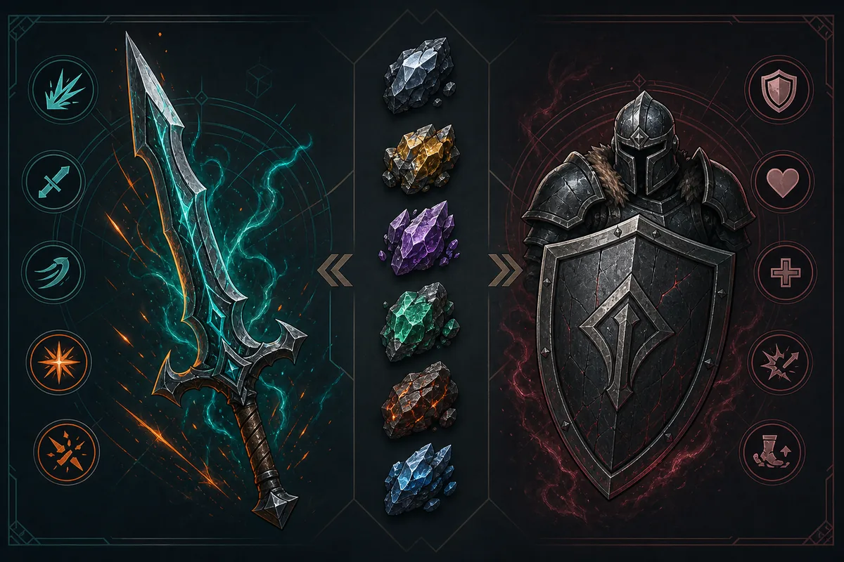 Conceptual comparison of weapon and armor ore traits for The Forge crafting