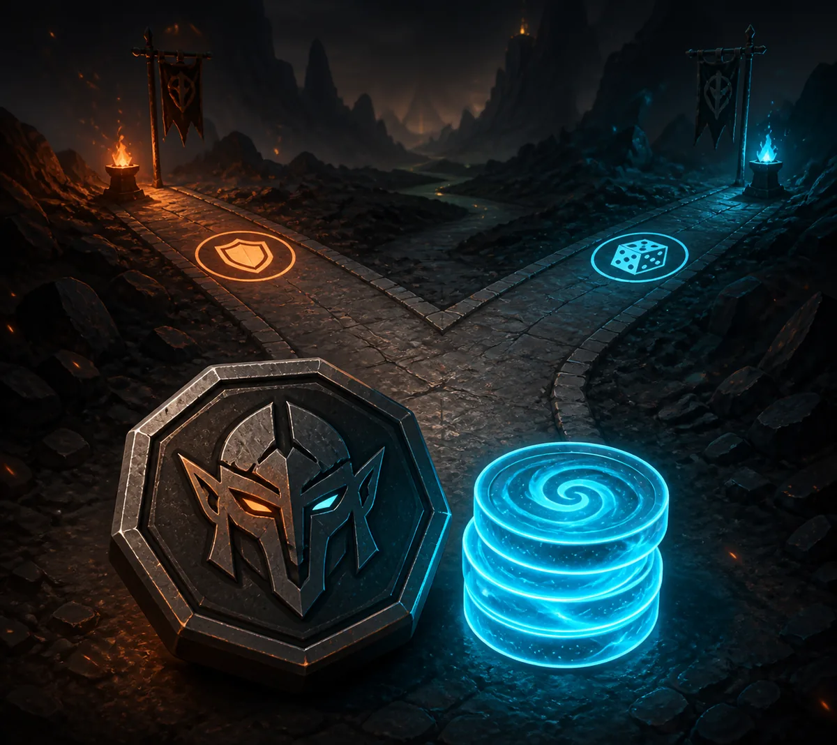Editorial illustration of a race mask, saved spins, and keep-or-reroll paths for The Forge