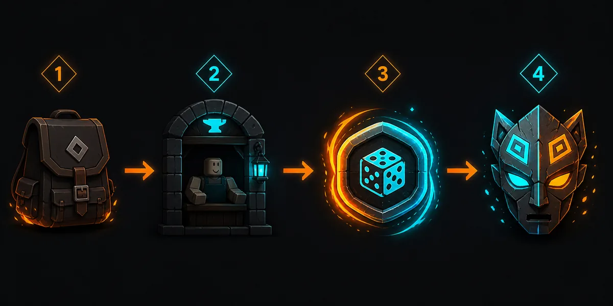 Four-step editorial diagram showing menu, shop, reroll token, and new race mask